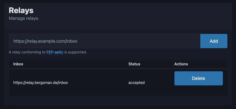 Work in progress relay management screen in hollo.
Shows relay add input and table of added relays.