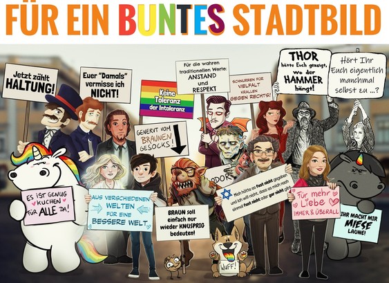 Bildbeschreibung:

Eine bunte Gruppe von Figuren aus dem Maraverse steht gemeinsam auf einer Straße und hält Schilder mit Botschaften gegen Intoleranz und für Vielfalt hoch. Über ihnen steht in großen Buchstaben: „Für ein buntes Stadtbild“ – das Wort „buntes“ ist in Regenbogenfarben geschrieben.

Zu sehen sind verschiedene aus dem Maraverse bekannte Figuren, Menschen, Fabelwesen und Tiere – darunter das Pummeleinhorn, Vlarad der Vampir, Welf der Werwolf, Mara und Professor Weissinger, Tom, Mimi…