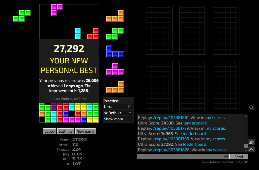 Screenshot showing IceCubes new Ultra record in JStris with a score of 27,292.