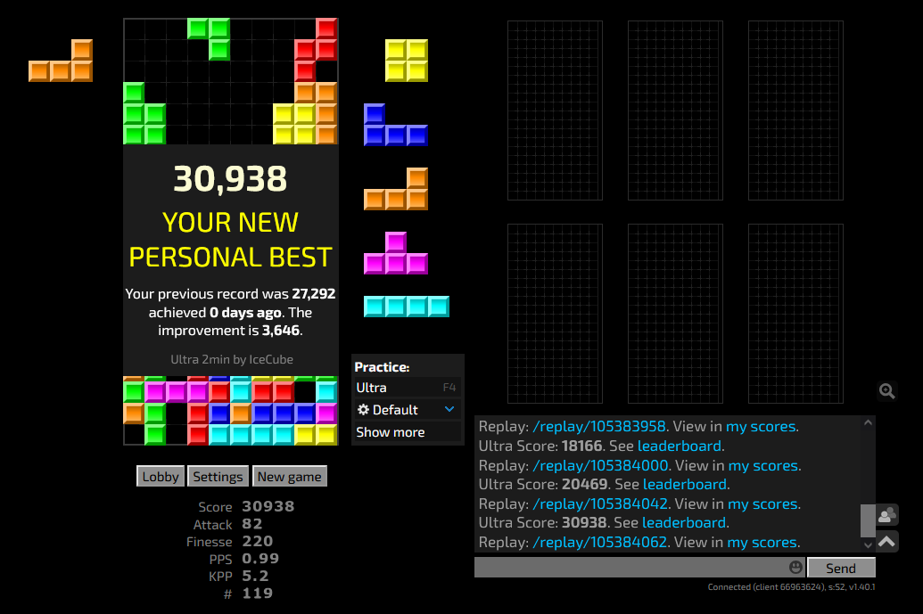 IceCube's personal best score in JSTris Ultra with a score of 30,938.